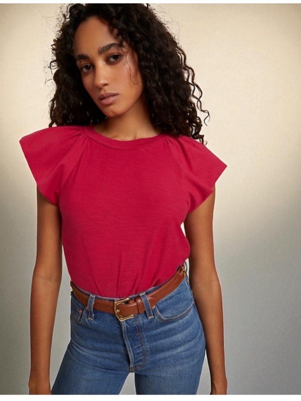 Nation LTD Lorna Flutter Sleeve Tee Raspberry Pink Pima Cotton Size Small